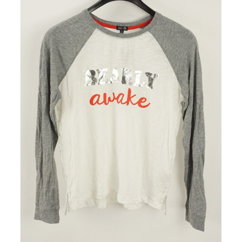 New 78$‎ Cozy Zoe Women’s Medium Gray T-Shirt Ringer Raglan Bearly Awake Lounge